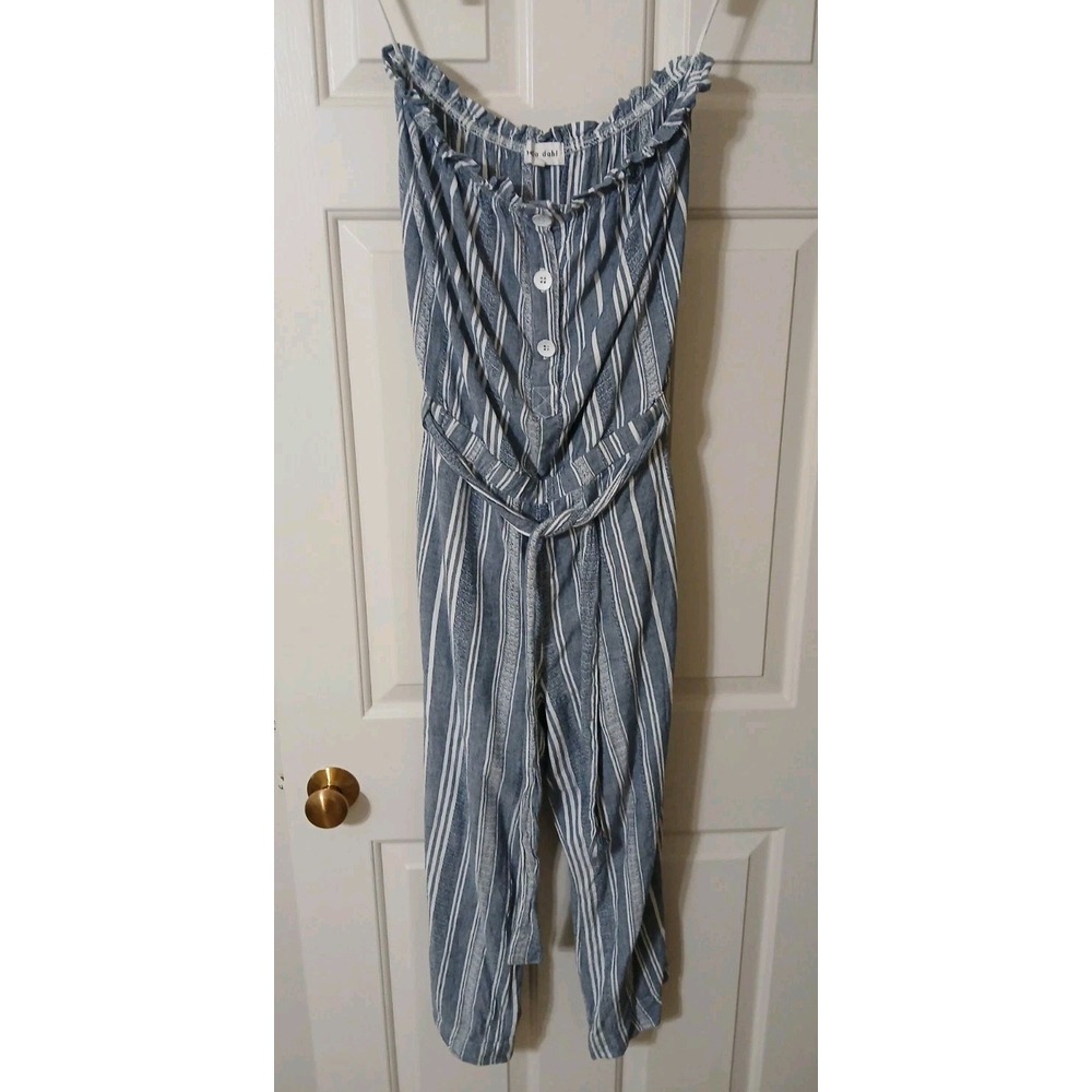 Bella Dahl Womens Striped Strapless Crop Jumpsuit Linen Blend Made In USA Size M - Picture 1 of 10